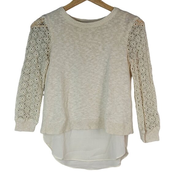 Lucky Brand Open Knit Top Cream Size XS Lace Chiffon Split Back Cinema Linen - Picture 1 of 7